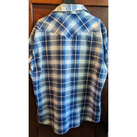 VTG Saddle King Western Shirt Short Sleeve Pearl Snaps Blue and Gray Plaid XL - Picture 2 of 4
